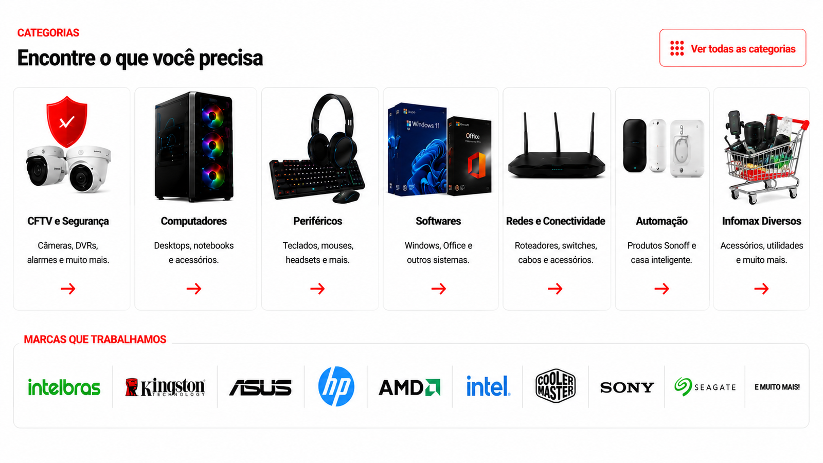 Categorias: CFTV e Segurança, Computadores, Periféricos, Softwares, Redes e Conectividade e Automação. Marcas: Intelbras, Kingston, ASUS, HP, AMD, Intel, Cooler Master, Sony e Seagate.