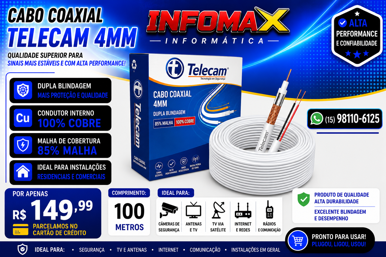 Anúncio de Cabo Coaxial Telecam 4mm — 100m