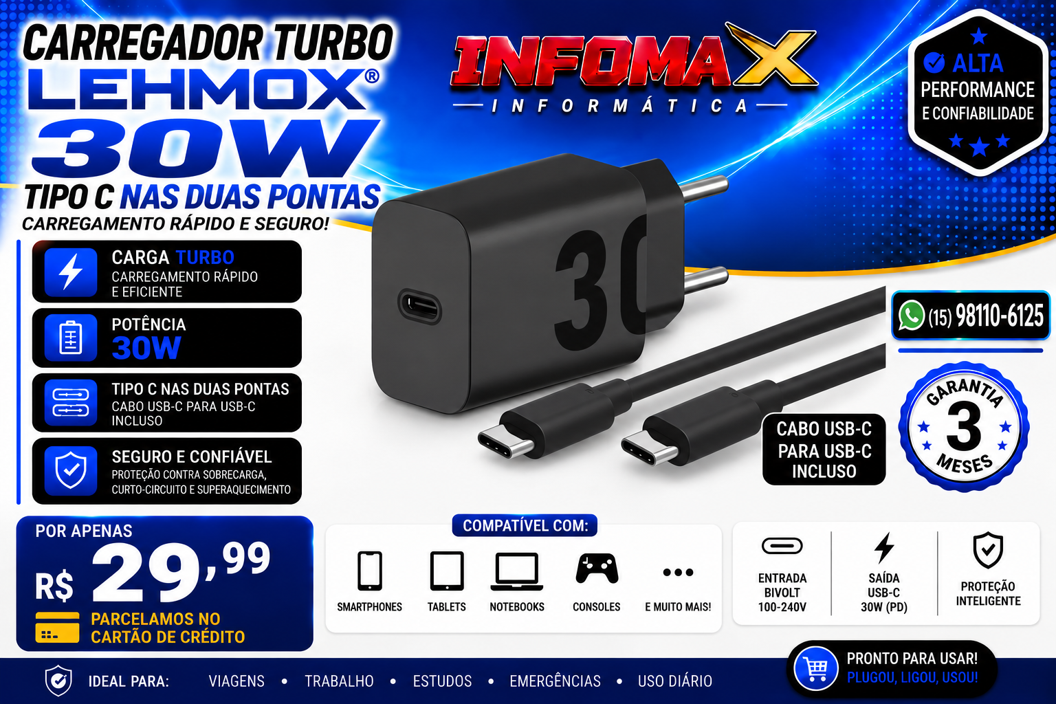 Anúncio de Carregador Turbo LEHMOX 30W