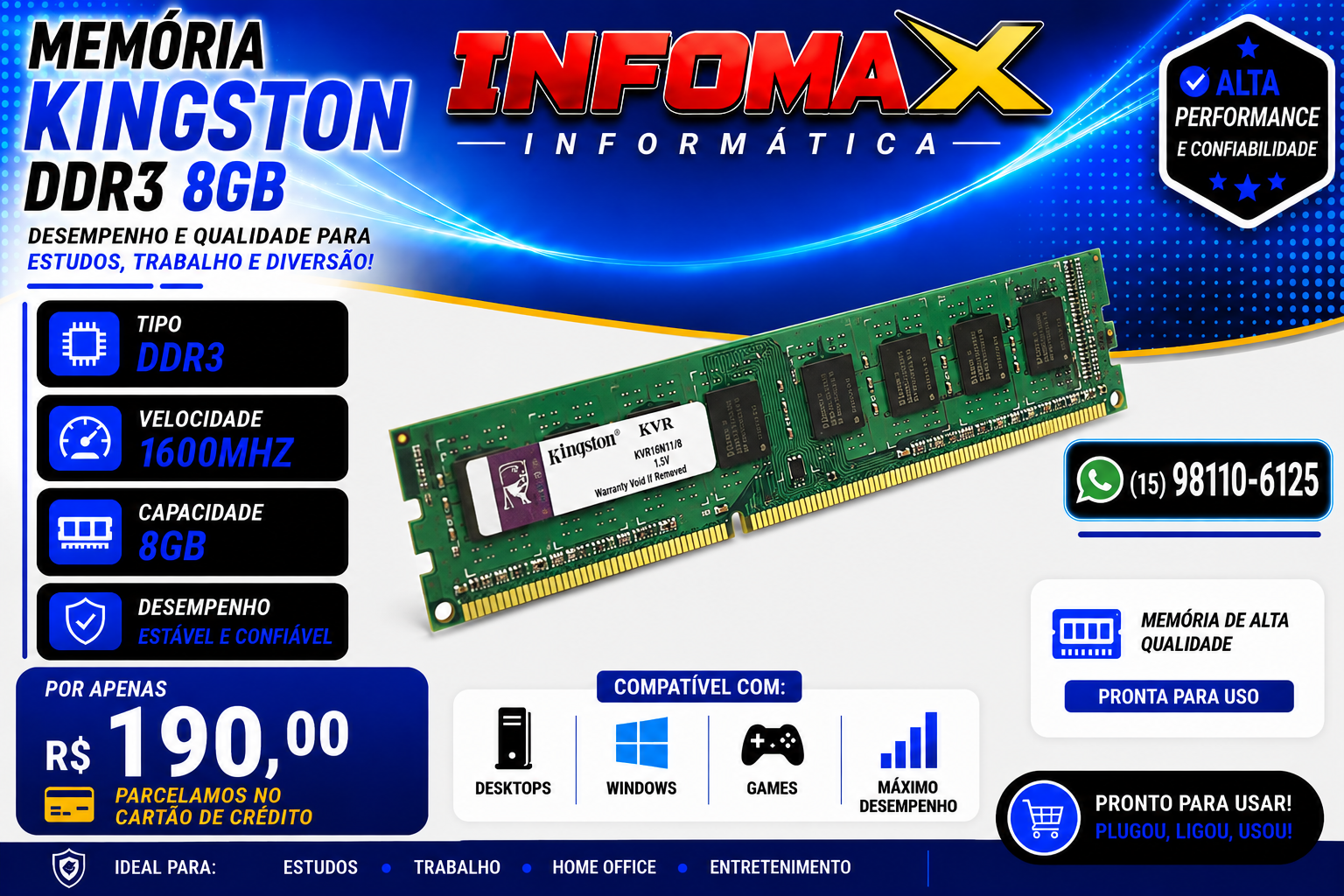 Anúncio de Memória Kingston DDR3 8GB 1600MHz