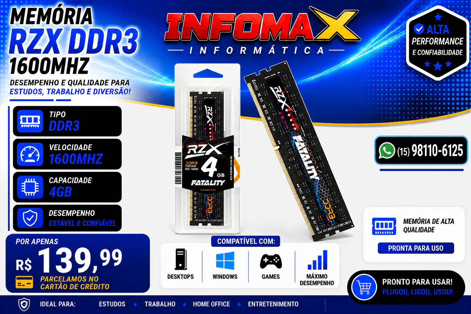 Anúncio de Memória RZX DDR3 4GB 1600MHz