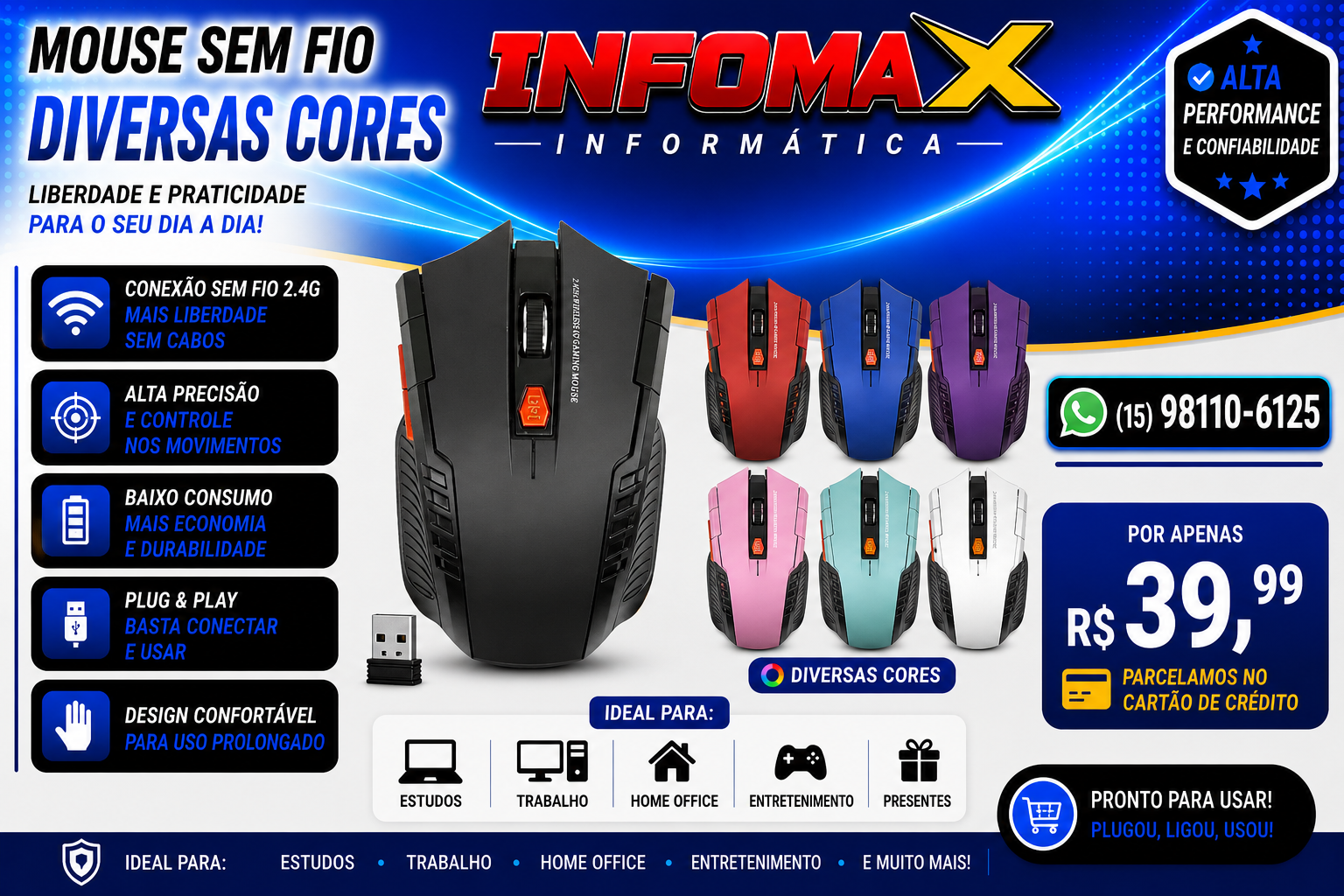 Anúncio do Mouse sem fio em diversas cores