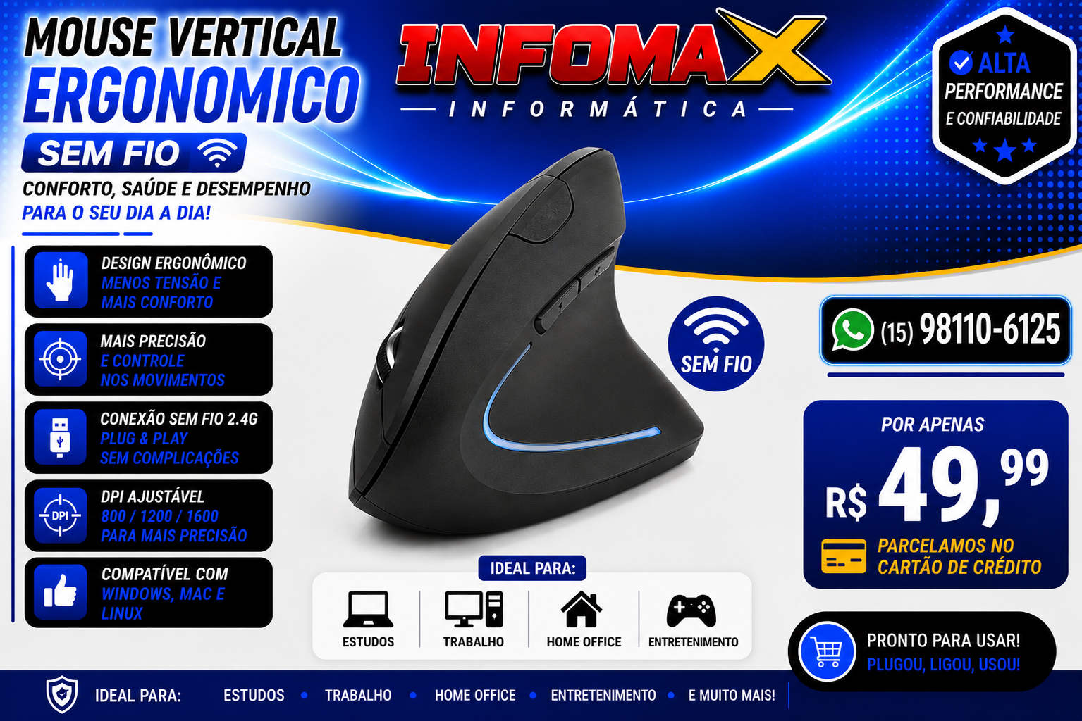 Anúncio do Mouse Vertical Ergonômico sem fio