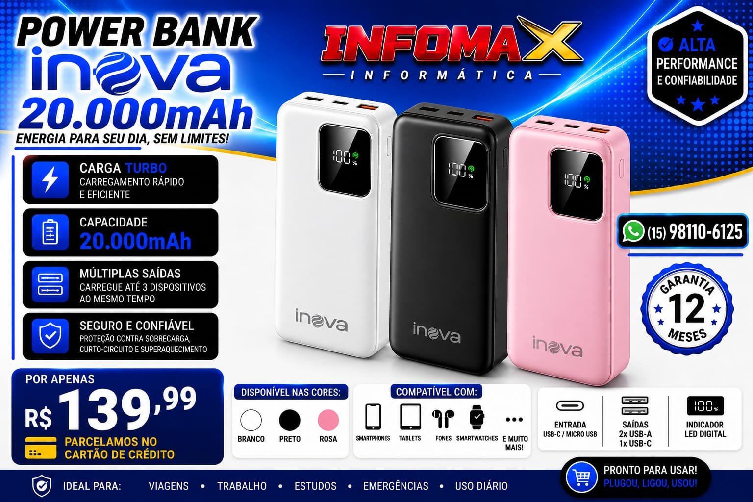 Anúncio de Power Bank Inova 20.000mAh