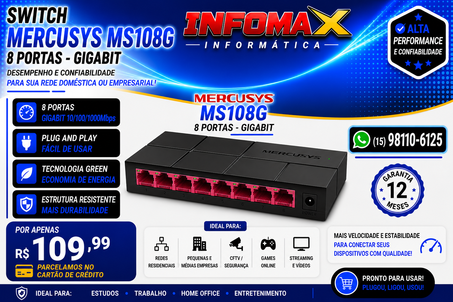 Anúncio de Switch Mercusys MS108G — 8 Portas Gigabit